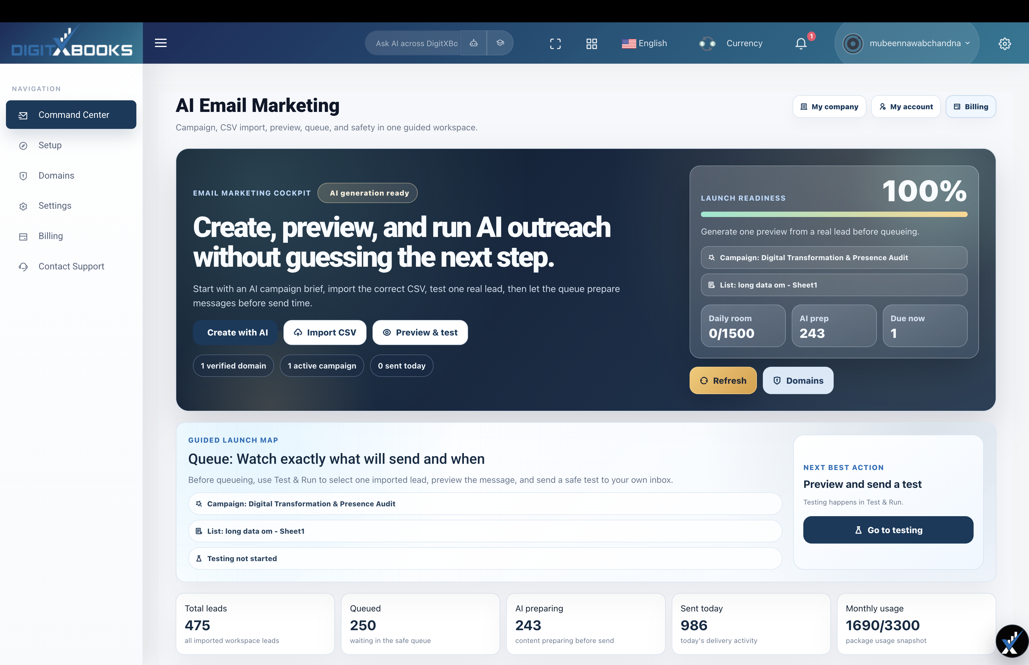 DigitXBooks AI 邮件营销指挥中心，包含活动、导入、测试、队列和准备状态