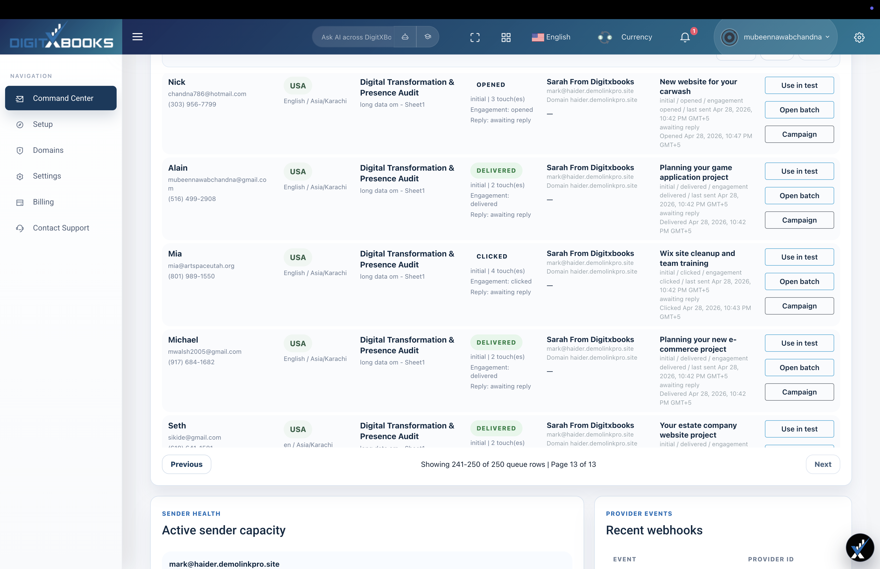 DigitXBooks 邮件营销跟踪表，显示打开、送达、点击和回复状态