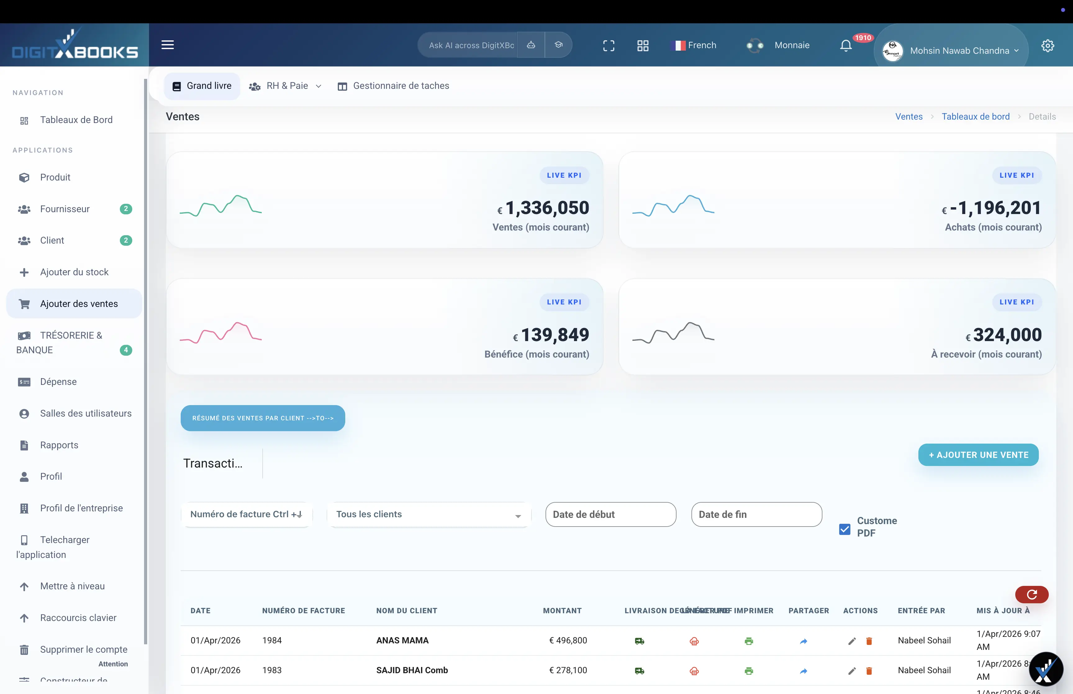 Logiciel factures et creances main screen