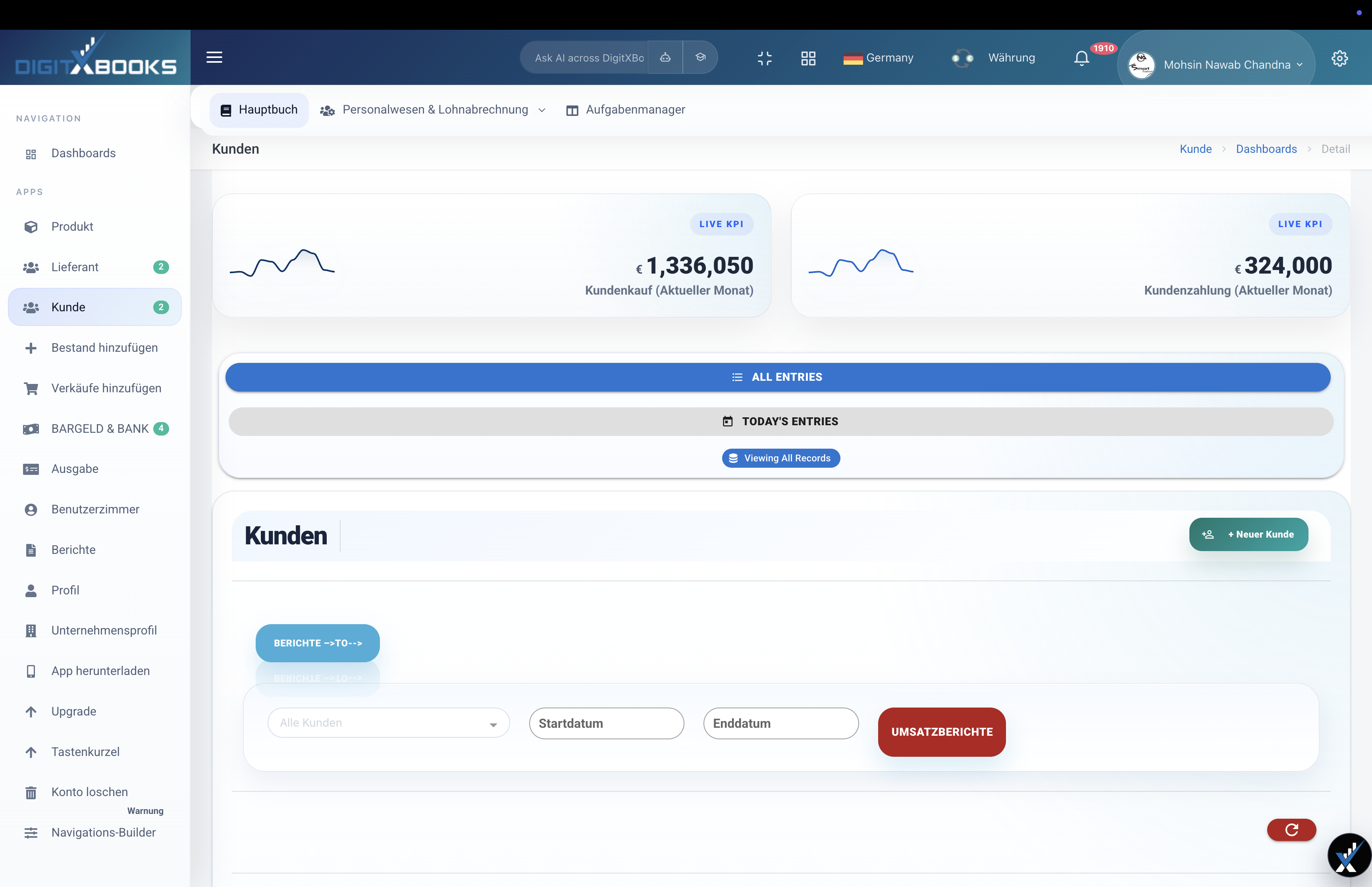 Aufgaben und Support workflow screen