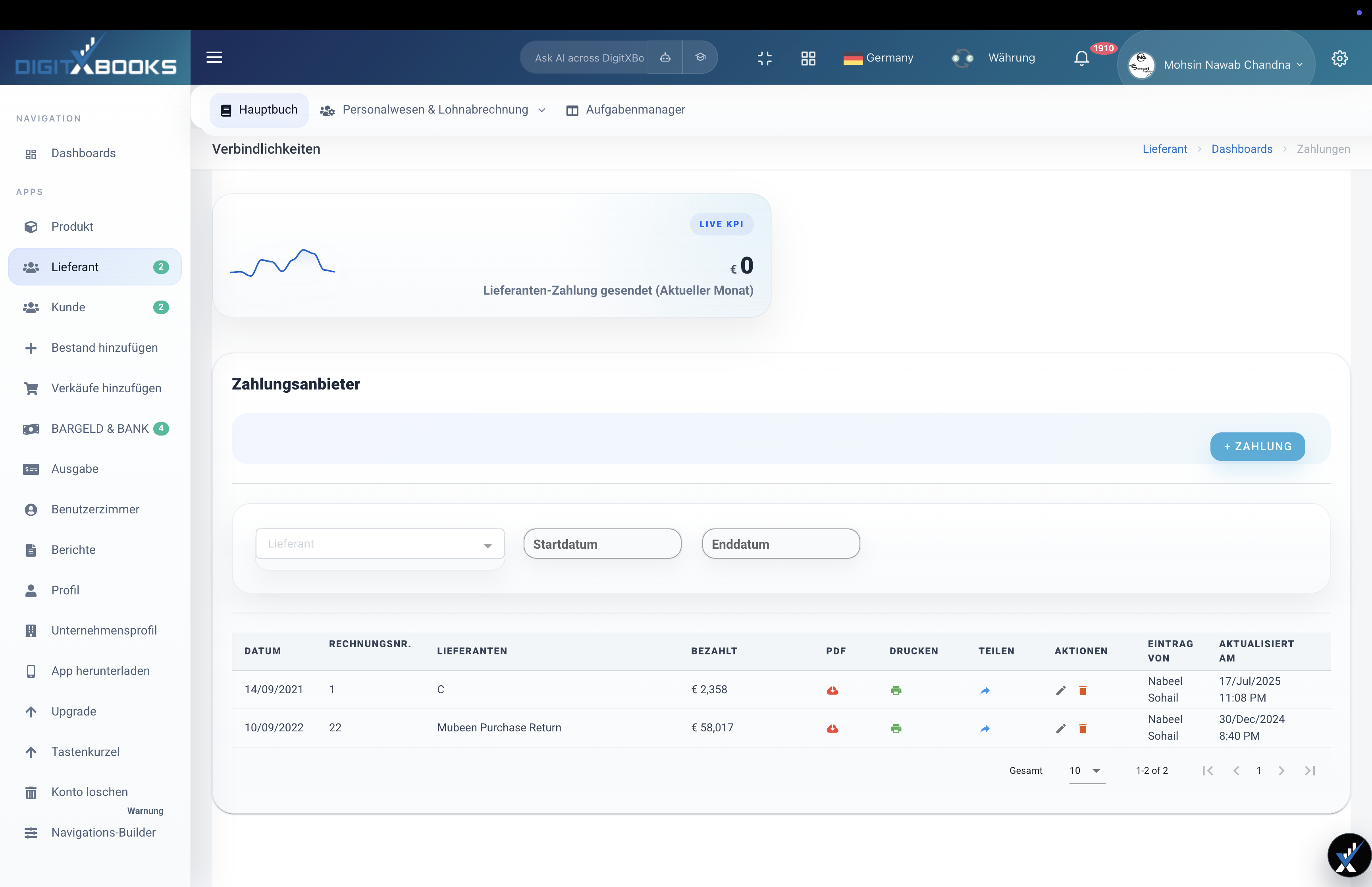 Einkaufs- und Lieferantensoftware main screen