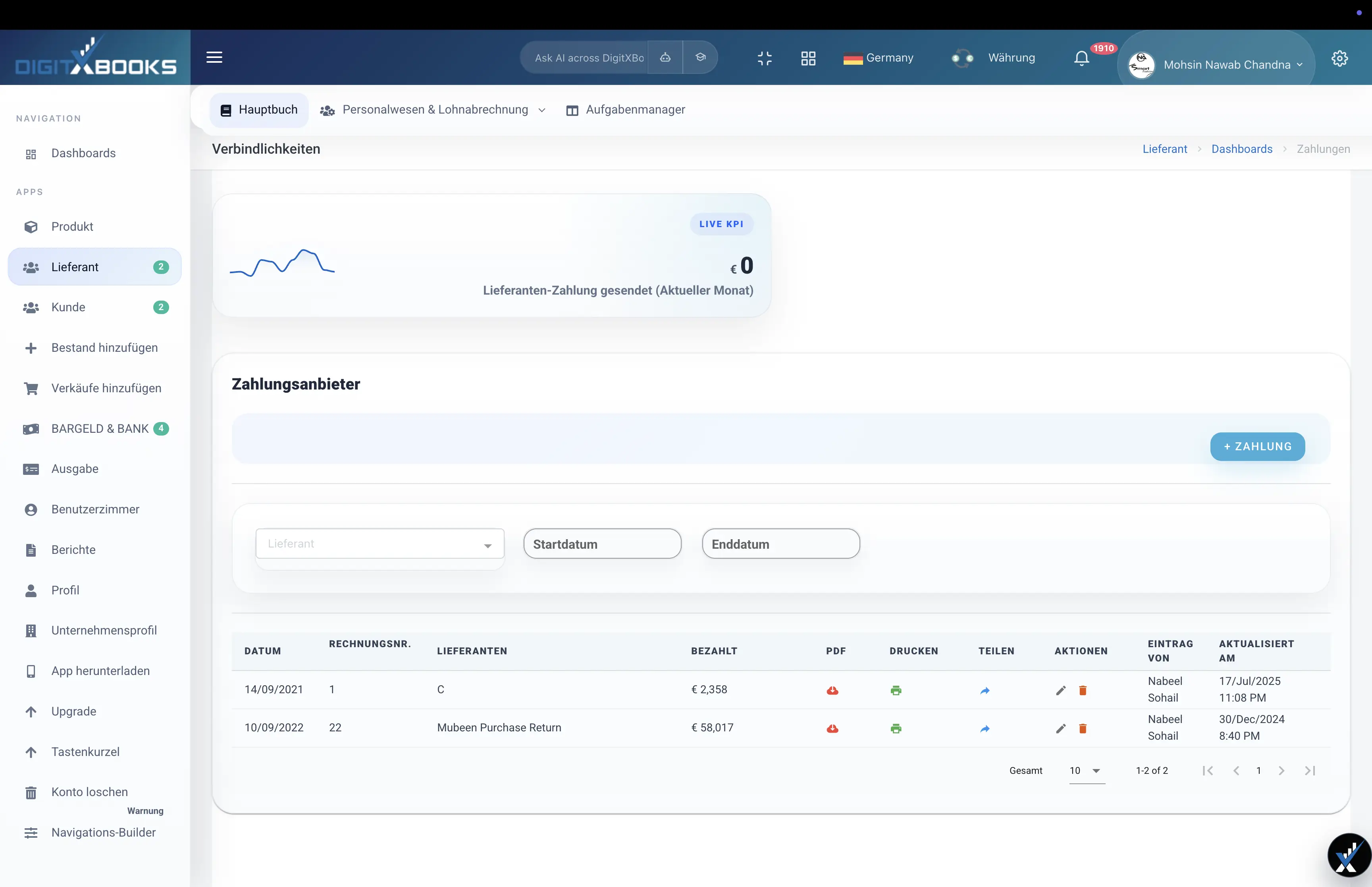 Software fur Einkauf und Verbindlichkeiten main screen