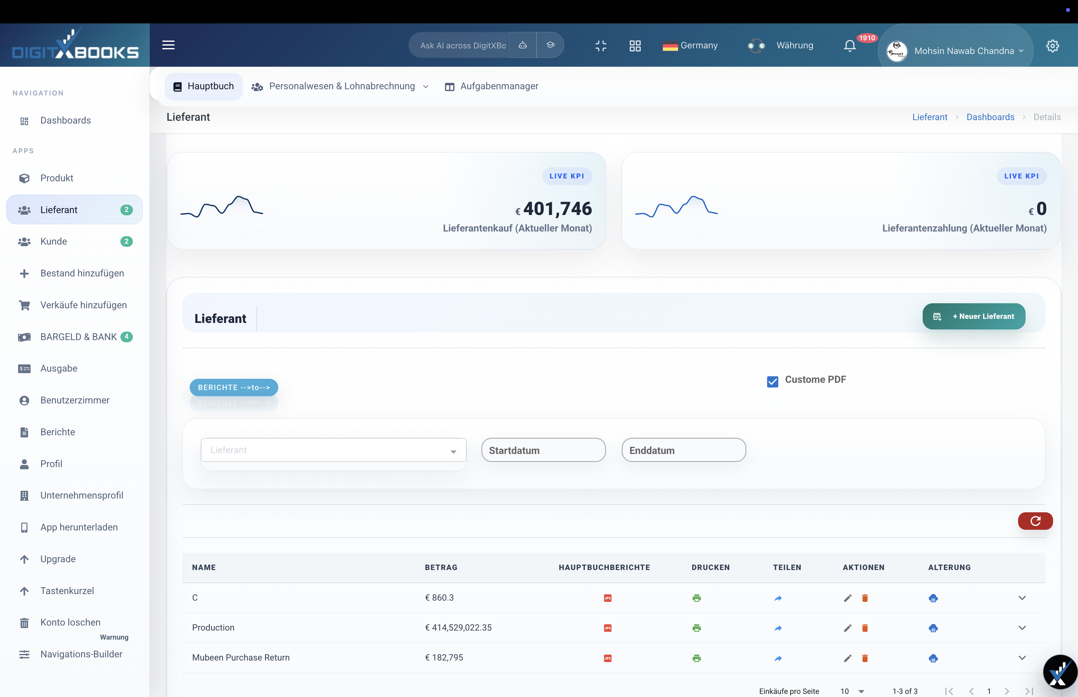 Einkaufs- und Lieferantensoftware workflow screen