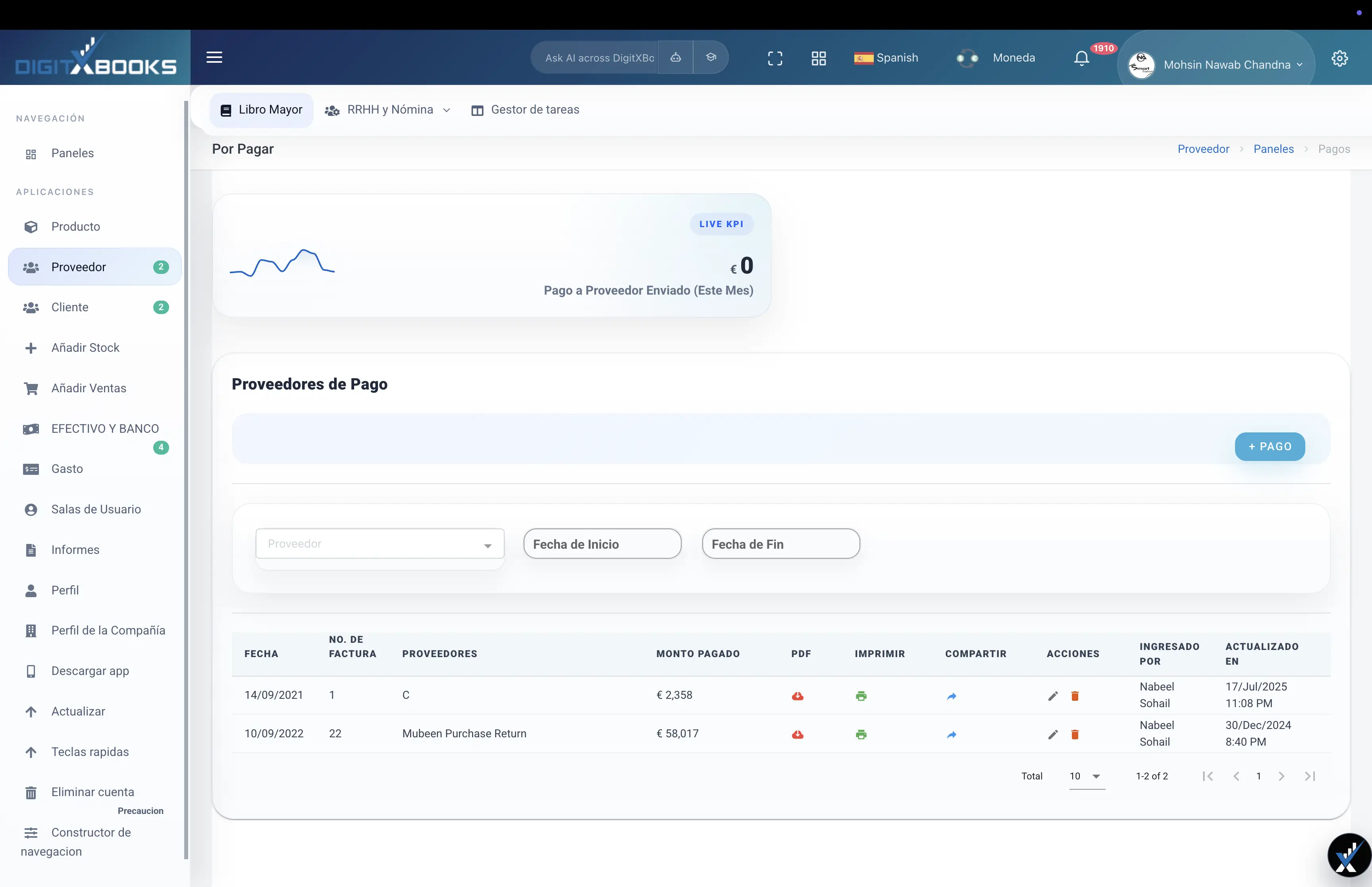 Software de compras y cuentas por pagar main screen