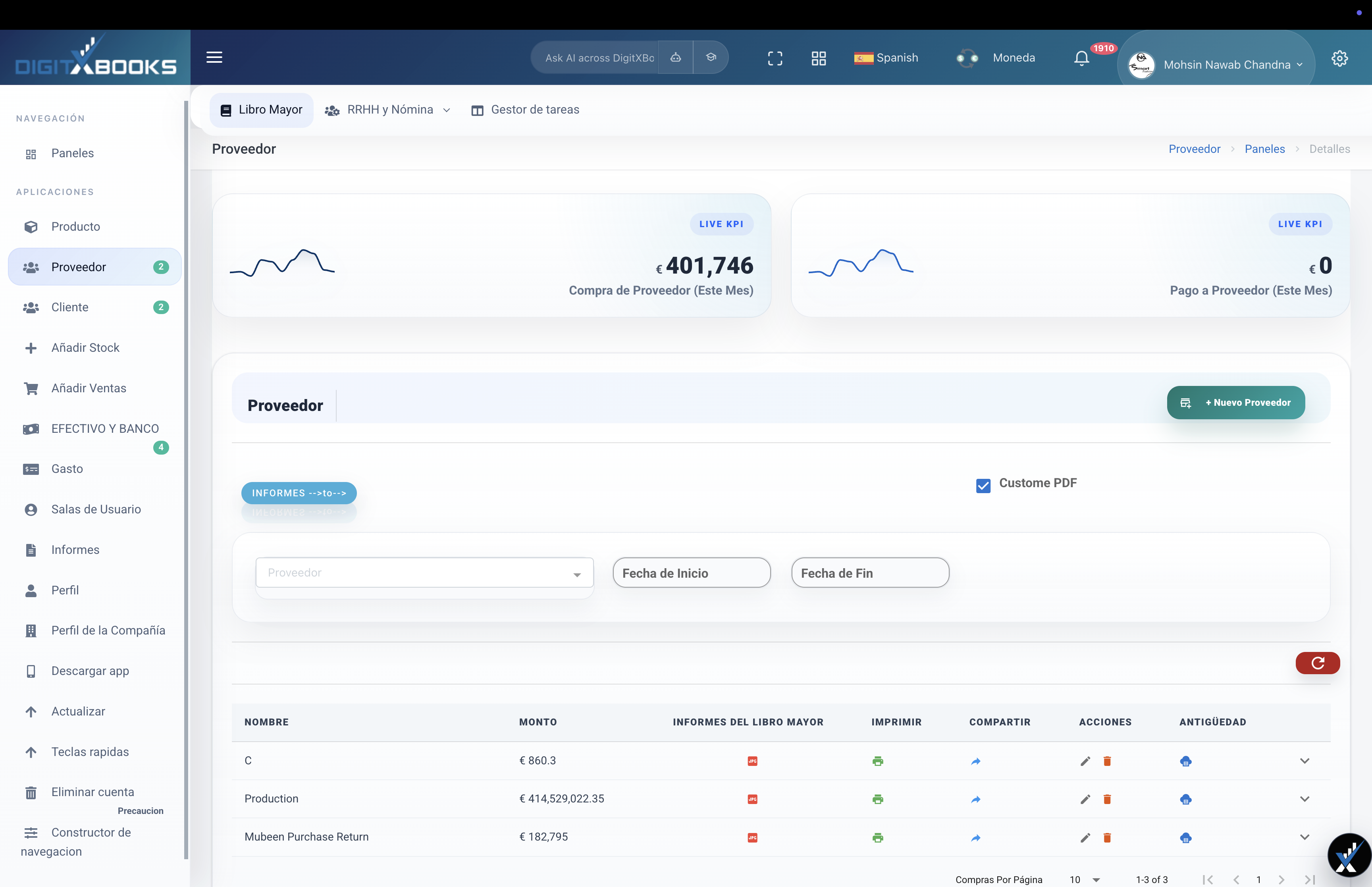 Software de compras y proveedores workflow screen