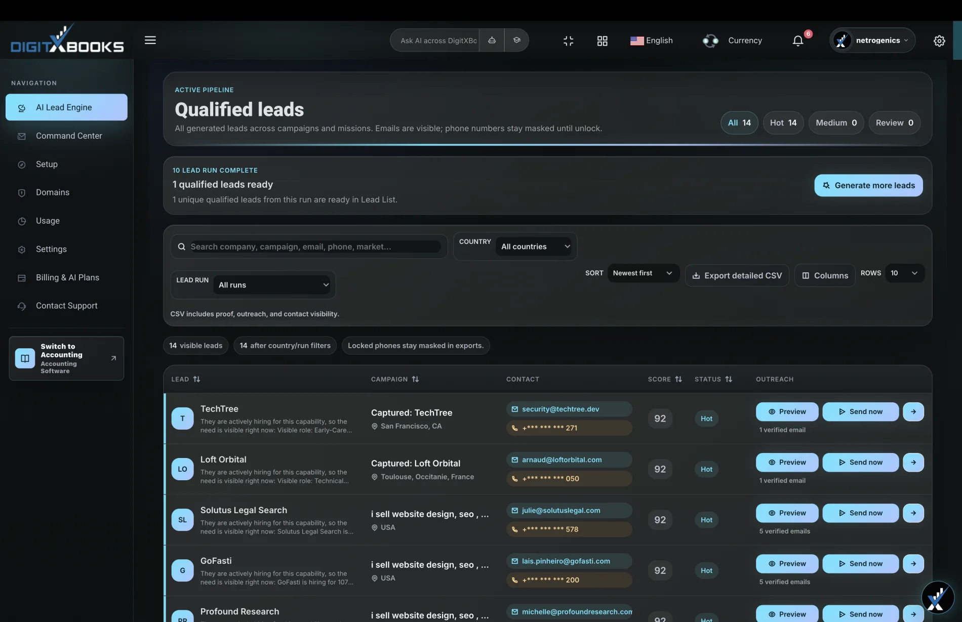 Table de leads qualifies DigitXBooks avec entreprise, email, telephone masque, score, preview, envoi et CSV